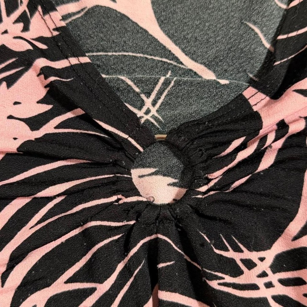 Vintage Y2K Pink Black Tropical Palm Print Ruffle Cap Sleeve O-Ring Blouse XL - Picture 2 of 5